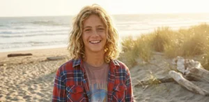 A sunny outdoor portrait of a smiling young teen boy with shoulder-length, wavy blonde surfer hair. He wears an open plaid flannel shirt over a t-shirt, standing on a sandy beach with grassy dunes.