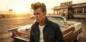 Profile view of a man receiving a straight razor shave on his neck from a barber in a vintage-style barbershop.