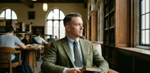 A man with an Ivy League haircut wearing a tweed jacket and knit tie, sitting in a leather armchair in a university library. He is holding a book and looking out a large arched window.