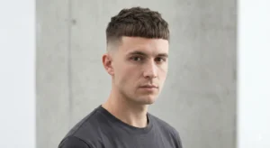 A clean studio portrait of a serious young man featuring a modern Caesar cut. The hair is very short on top with a distinct, straight horizontal fringe across the forehead and faded sides. He stands against a plain concrete wall.