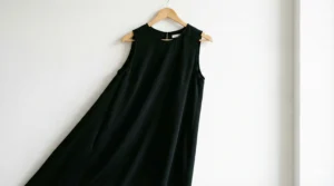 A simple black sleeveless top hanging on a wooden hanger against a plain white wall.