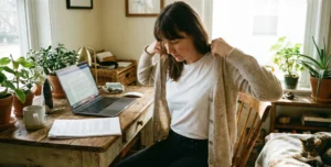 A woman with dark hair sits at a wooden desk, in the process of putting on a thin, oatmeal-colored wool cardigan over a white t-shirt. A laptop with documents, an open notebook, a ceramic mug, and several potted plants are on the desk. A cat sleeps on a chair in the foreground.