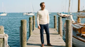 A man in a cream cable-knit sweater and navy chinos stands on a wooden boat dock on a sunny day, looking out at sailboats on the water.