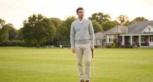 A man dressed in beige chinos, a light grey v-neck sweater over a pink shirt, and loafers, standing on a green manicured lawn holding a golf club with a clubhouse in the background.