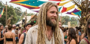 A candid outdoor photo of a man with long, sun-exposed blonde dreadlocks and a rugged beard, smiling in a crowded festival setting.