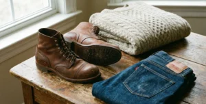 A still life photograph on a rustic wooden table next to a window, featuring worn brown leather boots, a folded beige cable-knit wool sweater, and dark blue selvedge denim jeans.