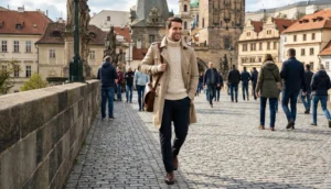 A man in a beige trench coat and cable-knit sweater walks across a stone bridge in a European city.