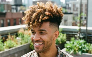 A smiling man featuring voluminous, natural curly hair with highlights on top and sharply faded sides, standing on an urban rooftop garden.
