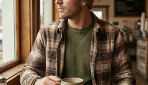 A close-up shot of a man indoors, wearing an open brown plaid flannel shirt over an olive green waffle-knit thermal top and a beanie. He is holding a ceramic mug and looking out a window.