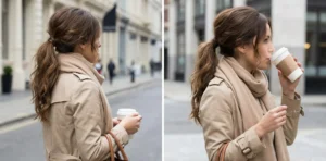 Two-panel street style image of a woman in a trench coat. Left shows a textured low ponytail from behind; right shows her drinking coffee with soft tendrils around her face.