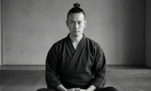 A black and white portrait of an Asian man with a samurai-style topknot man bun. He is wearing a traditional dark robe and sitting in a meditative pose on a wooden floor in a minimalist room.