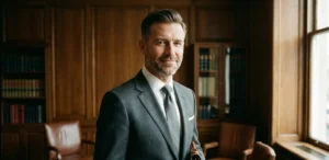 A distinguished man in a business suit holding a briefcase, standing in a wood-paneled library. He has a classic, neatly tapered side-part haircut and a meticulously trimmed short beard.