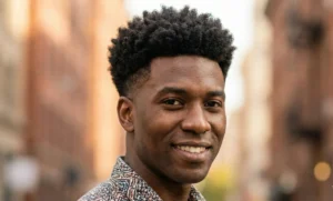 A portrait of a smiling Black man with a well-groomed tapered afro, showing rounded natural coils on top that gradually fade to a shorter length on the sides and back.