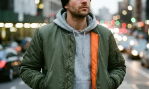 A medium close-up of a man on a city street at dusk, wearing an open olive green bomber jacket with an orange quilted lining over a grey hoodie and a black beanie.