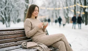 A woman sitting on a wooden bench in a snowy park, holding a ceramic mug with both hands and smiling. She is wearing a matching beige cable-knit sweater and trousers set. The background features snow-covered trees and warm string lights.