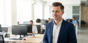 A professional man with a neat, short pompadour haircut, wearing a navy blazer and holding a tablet while smiling in a modern office. Image 13: A professional man with a neat, short pompadour haircut, wearing a navy blazer and holding a tablet while smiling in a modern office.