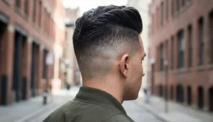 Back and side view of a man with a high-volume pompadour and a sharp skin fade haircut, wearing a green bomber jacket on a city street during the day.