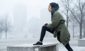 A woman in athletic wear, wearing a black hoodie and leggings with a green bomber jacket tied around her waist, stretches her leg on a concrete bench. It is a frosty, foggy winter morning in a park, and her breath is visible in the cold air.