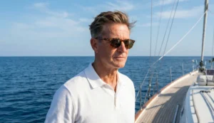 A portrait of a distinguished older man with sun-weathered skin, wearing sunglasses and a white polo shirt, standing on the deck of a sailing yacht on the open ocean.