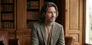A sophisticated portrait of a distinguished man with wavy, layered shoulder-length dark hair and a grey beard. He is sitting in a leather armchair in a classic wood-paneled library, looking contemplatively out a window.