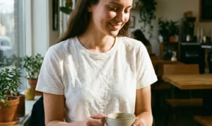 A woman with dark hair smiles softly, looking down at a ceramic mug she holds with both hands. She is seated at a wooden table in a brightly lit cafe, wearing a relaxed-fit organic cotton white t-shirt with a visible slub texture. Potted plants and a large window are in the background.