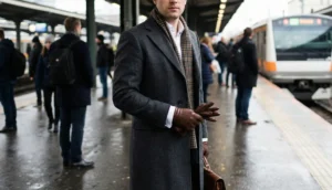 A business professional stands on a train platform. He wears a tailored charcoal grey overcoat, a patterned wool scarf, a white shirt, and holds brown leather gloves and a briefcase. A train is stopped at the platform in the background.