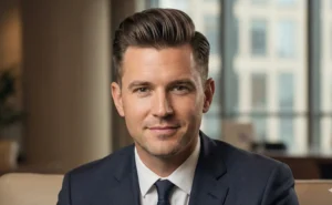 Portrait of a smiling man in a business suit with a neat, classic pompadour hairstyle, seated in a blurred office setting.