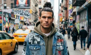 A candid shot of a fit man with a chiseled square face and a high man bun, wearing a denim streetwear jacket, standing on a vibrant graffiti-covered city street with taxis in the background.