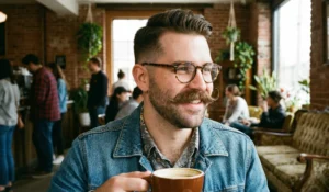 A smiling man wearing glasses and a denim jacket in a coffee shop, featuring a prominent, styled handlebar mustache with shorter beard stubble.