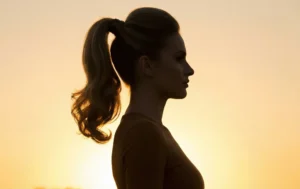 Silhouette profile of a woman against a sunset, featuring a voluminous high ponytail at the crown with bouncy ends and hair wrapped around the base