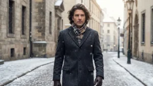A full-length shot of a man with thick, dark layered hair, wearing a wool coat and plaid scarf, walking down a snowy European street as snowflakes fall.