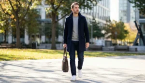 A man walks through a sunny park in autumn. He is wearing a structured navy wool coat over a grey crewneck sweatshirt, dark blue jeans, and clean white minimalist sneakers. He carries a brown leather tote bag.