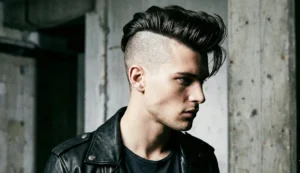 A high-contrast fashion shot of a male model with a bold undercut hairstyle, featuring a long, high quiff on top and completely shaved sides, wearing a black leather jacket in an industrial concrete setting.