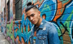 Portrait of a young Asian man with a sharp high fade haircut and a top knot, wearing a denim jacket and looking confidently at the camera against a colorful urban graffiti wall.