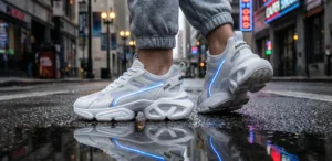 A low-angle close-up focus on a pair of futuristic white chunky sneakers featuring glowing blue LED light strips. The person wears grey sweatpants and stands on wet asphalt, with the shoes reflected in a street puddle.