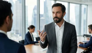 A businessman with a neat, short full beard wears a suit and gestures with his hand while speaking in a modern office conference room.