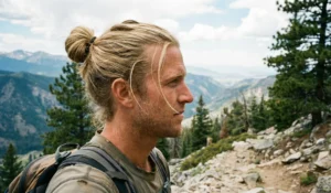 A profile photograph of a man with long blonde hair tied tightly into a man bun. He has light stubble and is wearing a hiking backpack, standing on a rocky mountain trail overlooking a vast valley and pine trees under a partly cloudy sky.
