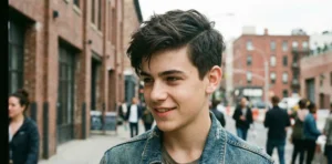 Portrait of a smiling teenage boy with a textured, dark side-part hairstyle, wearing a denim jacket in an urban brick alleyway.