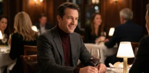 A smiling man sits at a table with a glass of red wine in a dimly lit, upscale restaurant, wearing a dark suit jacket over a burgundy turtleneck.