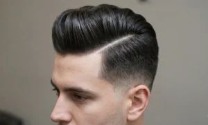 Close-up shot focusing on a man's hairstyle, featuring a glossy, slicked-back pompadour with a distinct razor-cut hard part line.