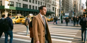 A candid street photograph of a man wearing a tailored camel-colored wool coat over a suit, waiting at a busy crosswalk in a metropolitan city with yellow cabs and pedestrians in the background.
