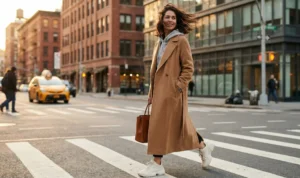 A smiling woman with windblown hair walks across a city crosswalk during golden hour, wearing a long camel wool coat over a grey hoodie, chunky white sneakers, and carrying a brown leather tote bag.