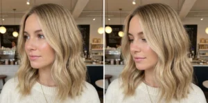 Two-panel comparison showing a woman with a shoulder-length blonde balayage lob haircut, styled with straight roots and loose beachy waves at the ends.