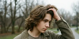 A candid film portrait of a teenage boy with medium-length, wavy brown hair, running his hand through his hair and looking down pensively. He is wearing an olive green corduroy jacket in a park with bare trees on an overcast day.