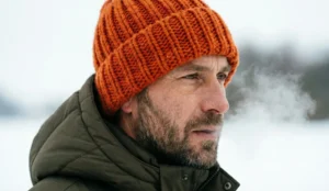 A close-up profile portrait of a man outdoors in cold winter weather. He is wearing a thick, ribbed orange knit beanie and a green jacket, with his visible breath steaming in the cold air.