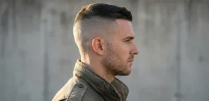 A portrait of a bearded man with a modern comb-over haircut and faded sides, holding a coffee cup and looking out a window in a brick-walled cafe.