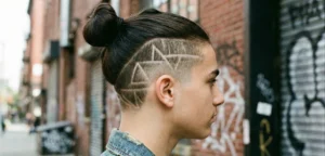 A side profile view of a teen boy with his hair in a top knot, revealing an undercut with an intricate geometric shaved design.