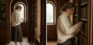 A two-panel photograph of a woman in a historic library with dark wooden shelves. She is wearing a thick, oversized cream turtleneck sweater and a long plaid pleated skirt, browsing books. Natural light streams in from an arched window.