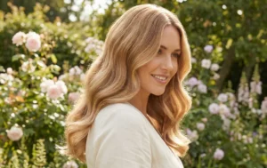 Outdoor portrait of a woman with healthy, rich honey-beige blonde hair styled in soft waves, smiling against a sunny garden background.
