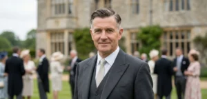 A portrait of a man with a neat side-part haircut, wearing a formal grey morning suit, standing on a lawn at a garden party with an English manor house in the background.